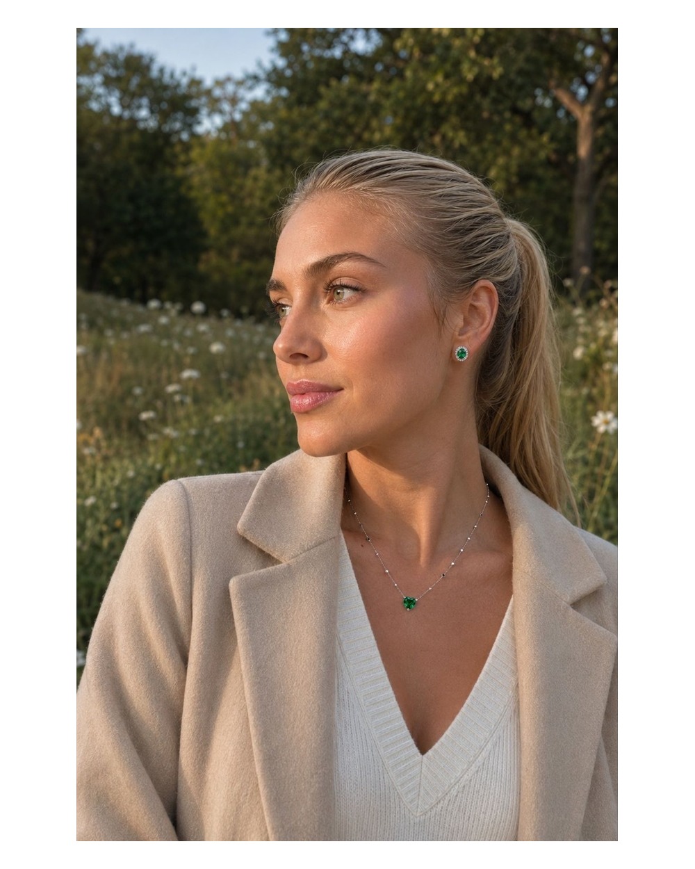 Colar Esmeralda Coração coleção Lumière — modelo usando